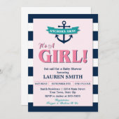 航海のな女の子のいかりのベビーシャワーの招待状カード 招待状 (正面/裏面)