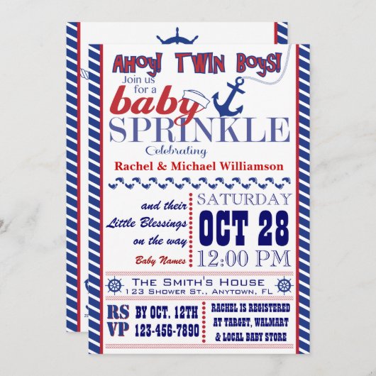 航海のな対の男の赤ちゃんは招待状を振りかけます 招待状 (正面/裏面)