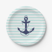 航海のな水及び白のストライプの濃紺のいかり ペーパープレート (正面)