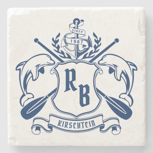 航海のな沿岸紋章のイルカのいかりのオールの盾 ストーンコースター (正面)