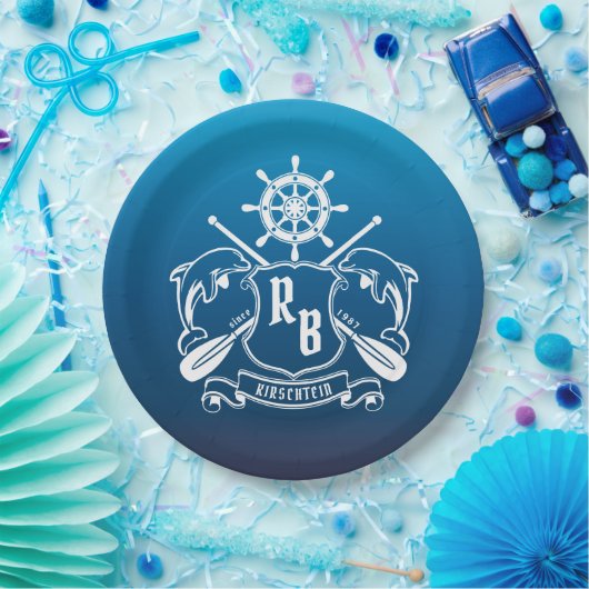 航海のな海洋の記章のイルカの舵輪のオールの盾 ペーパープレート (パーティー)