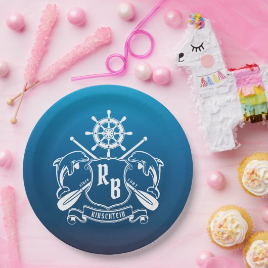 航海のな海洋の記章のイルカの舵輪のオールの盾 ペーパープレート (パーティー)
