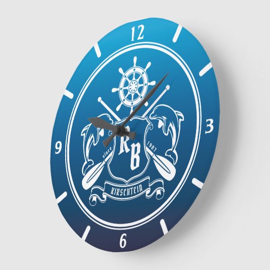 航海のな海洋の記章のイルカの舵輪のオールの盾 ラージ壁時計 (傾斜)