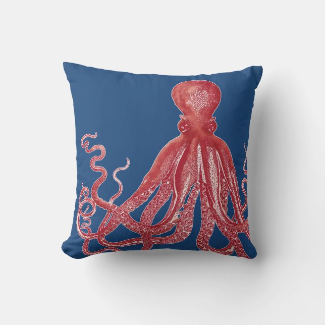航海のな海洋生物の赤いタコのモダンなヴィンテージ3 クッション (正面)