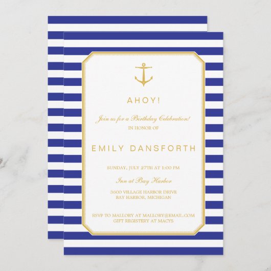 航海のな海軍及び金ゴールドの誕生日のパーティの招待状 招待状 (正面/裏面)