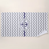 航海のな濃紺のいかりのシェブロンパターン家族 ビーチタオル (正面)