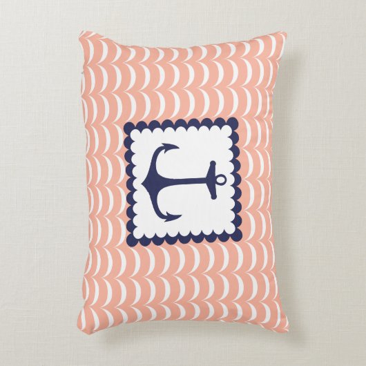航海のな濃紺のいかりの珊瑚のピンクの波 アクセントクッション (正面(垂直))