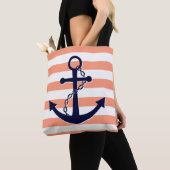 航海のな濃紺のいかりの珊瑚のモモのストライプのビーチ トートバッグ (クローズアップ)