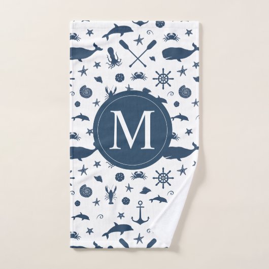 航海のな濃紺のクジラのイルカのいかり バスタオルセット (ハンドタオル)