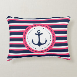 航海のな濃紺のショッキングピンクのストライプのいかりのデザイン アクセントクッション