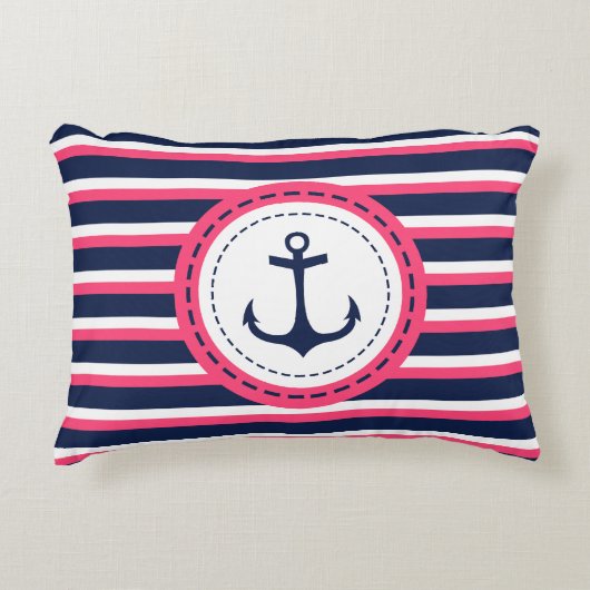 航海のな濃紺のショッキングピンクのストライプのいかりのデザイン アクセントクッション (正面)