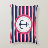 航海のな濃紺のショッキングピンクのストライプのいかりのデザイン アクセントクッション (裏面(縦))