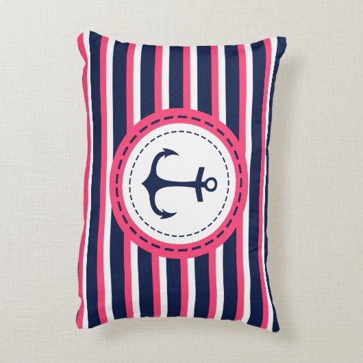 航海のな濃紺のショッキングピンクのストライプのいかりのデザイン アクセントクッション (裏面(縦))