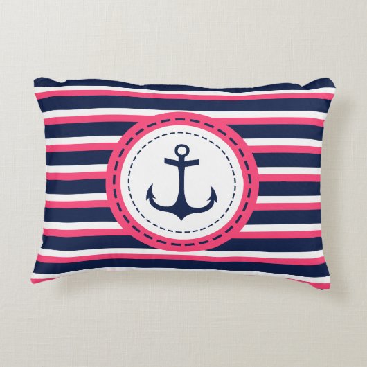 航海のな濃紺のショッキングピンクのストライプのいかりのデザイン アクセントクッション (裏面)
