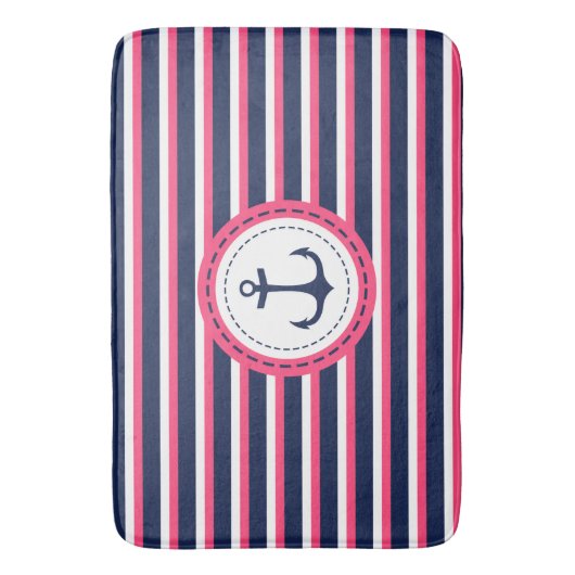 航海のな濃紺のショッキングピンクのストライプのいかりのデザイン バスマット (正面縦)