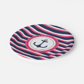 航海のな濃紺のショッキングピンクのストライプのいかりのデザイン ペーパープレート (アングル)