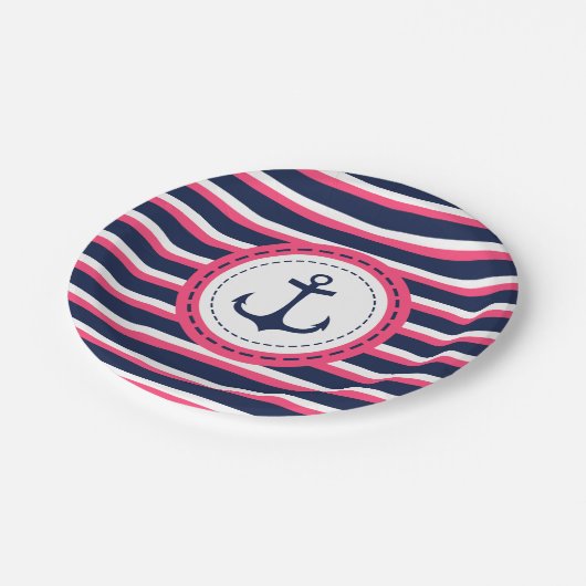 航海のな濃紺のショッキングピンクのストライプのいかりのデザイン ペーパープレート (アングル)