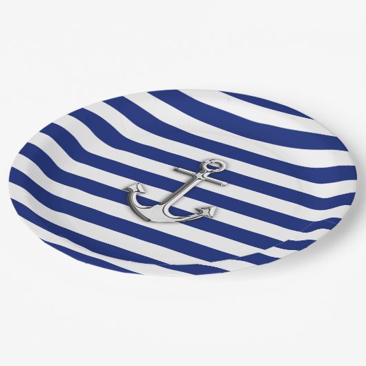 航海のな濃紺のストライプのプリントのクロムいかり ペーパープレート (アングル)