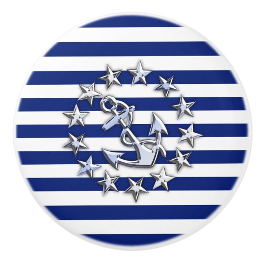 航海のな濃紺のプリントのクロムヨットの旗 セラミックノブ (正面)