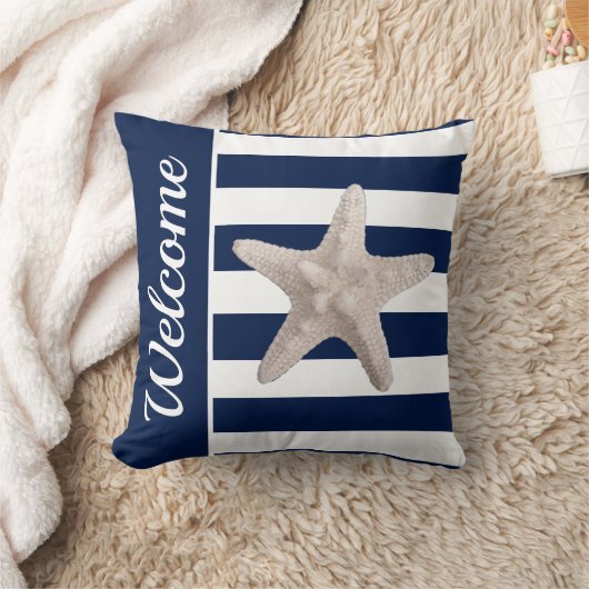 航海のな濃紺の白くストライプのなヒトデの歓迎 クッション (ブランケット)