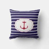 航海のな濃紺の白のストライプの赤いいかり クッション (裏面)