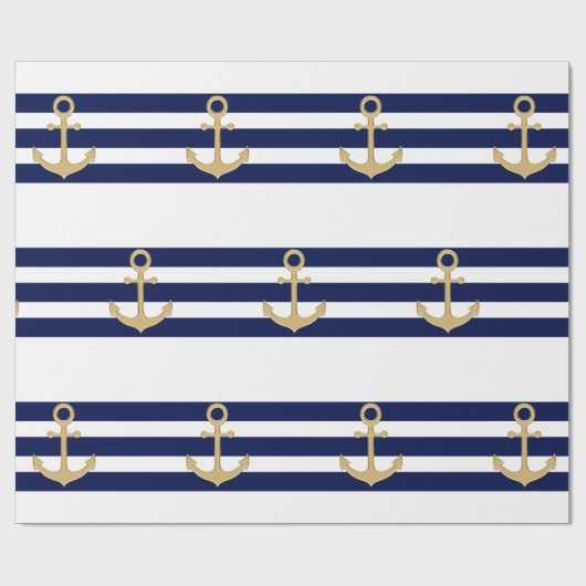航海のな濃紺の白のストライプの金ゴールドのいかり ラッピングペーパー (フラット)
