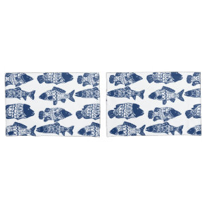 航海のな濃紺の花のパターン(の模様が)あるな魚 枕カバー