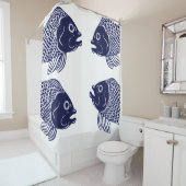 航海のな濃紺の魚の頭部及び白 シャワーカーテン (インサイチュ)