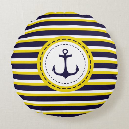 航海のな濃紺の黄色のストライプのいかりのデザイン ラウンドクッション (正面)