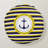 航海のな濃紺の黄色のストライプのいかりのデザイン ラウンドクッション (裏面)