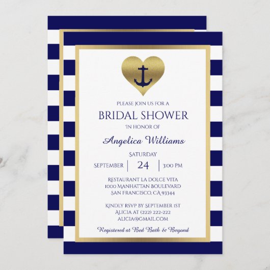 航海のな濃紺または白のブライダルシャワー招待状 招待状 (正面/裏面)