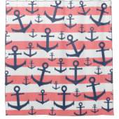 航海のな珊瑚のストライブ柄の濃紺のいかりパターン シャワーカーテン (正面)