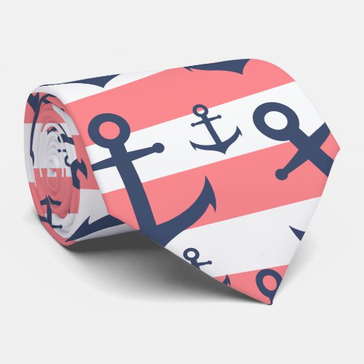 航海のな珊瑚のストライブ柄の濃紺のいかりパターン ネクタイ (ロール)