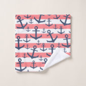 航海のな珊瑚のストライブ柄の濃紺のいかりパターン バスタオルセット (ウォッシュタオル)