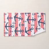 航海のな珊瑚のストライブ柄の濃紺のいかりパターン バスタオルセット (ハンドタオル)