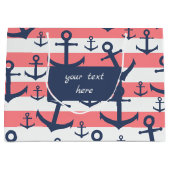 航海のな珊瑚のストライブ柄の濃紺のいかりパターン ラージペーパーバッグ (正面)