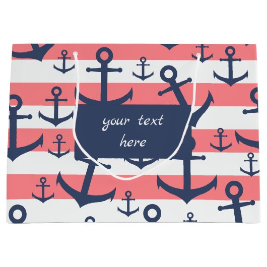 航海のな珊瑚のストライブ柄の濃紺のいかりパターン ラージペーパーバッグ (正面)