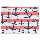 航海のな珊瑚のストライブ柄の濃紺のいかりパターン ラージペーパーバッグ (裏面)