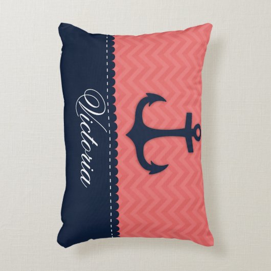 航海のな珊瑚のピンクの濃紺のいかりの名前をカスタムする アクセントクッション (正面(垂直))