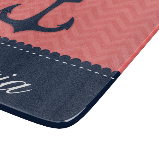 航海のな珊瑚のピンクの濃紺のいかりの名前をカスタムする カッティングボード (角)