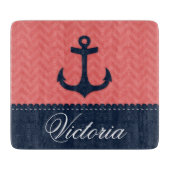 航海のな珊瑚のピンクの濃紺のいかりの名前をカスタムする カッティングボード (正面)