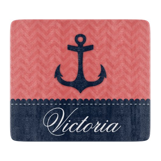 航海のな珊瑚のピンクの濃紺のいかりの名前をカスタムする カッティングボード (正面)