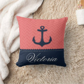 航海のな珊瑚のピンクの濃紺のいかりの名前をカスタムする クッション (ブランケット)