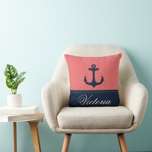 航海のな珊瑚のピンクの濃紺のいかりの名前をカスタムする クッション (椅子)