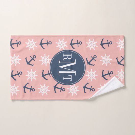 航海のな珊瑚の濃紺のいかりおよび車輪パターン バスタオルセット (ハンドタオル)