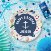 航海のな男の子のパーソナライズなハッピーバースデーのプレート ペーパープレート (パーティー)