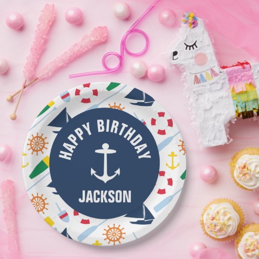 航海のな男の子のパーソナライズなハッピーバースデーのプレート ペーパープレート (パーティー)