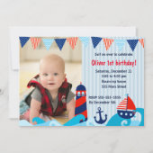 航海のな男の子の誕生日の招待の赤い濃紺 サンキューカード (正面)