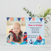 航海のな男の子の誕生日の招待の赤い濃紺 サンキューカード (スタンド正面)