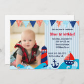 航海のな男の子の誕生日の招待の赤い濃紺 サンキューカード (正面/裏面)